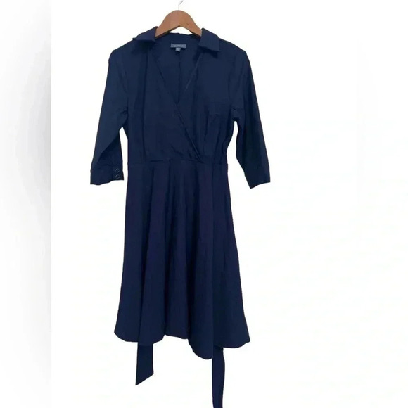 ModCloth Navy Blue 3/4 Sleeve Wrap Shirt Dress w/Pockets Belt Tie Size Large - Picture 6 of 7